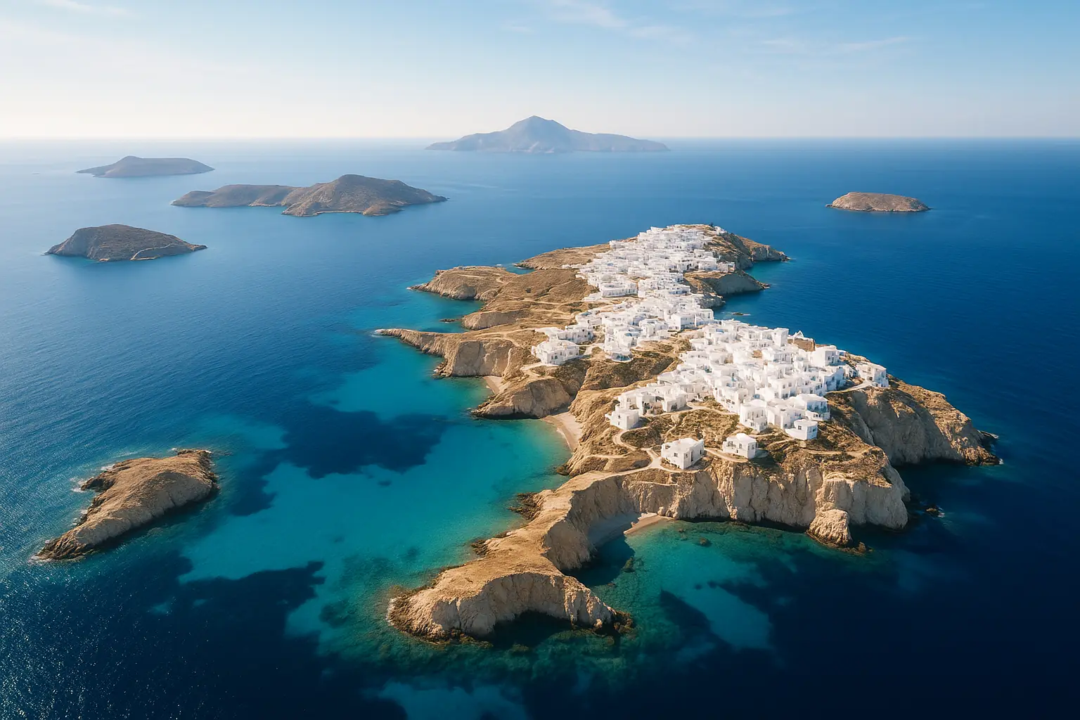 Arcipelago marino illuminato dal sole, vista dall'alto