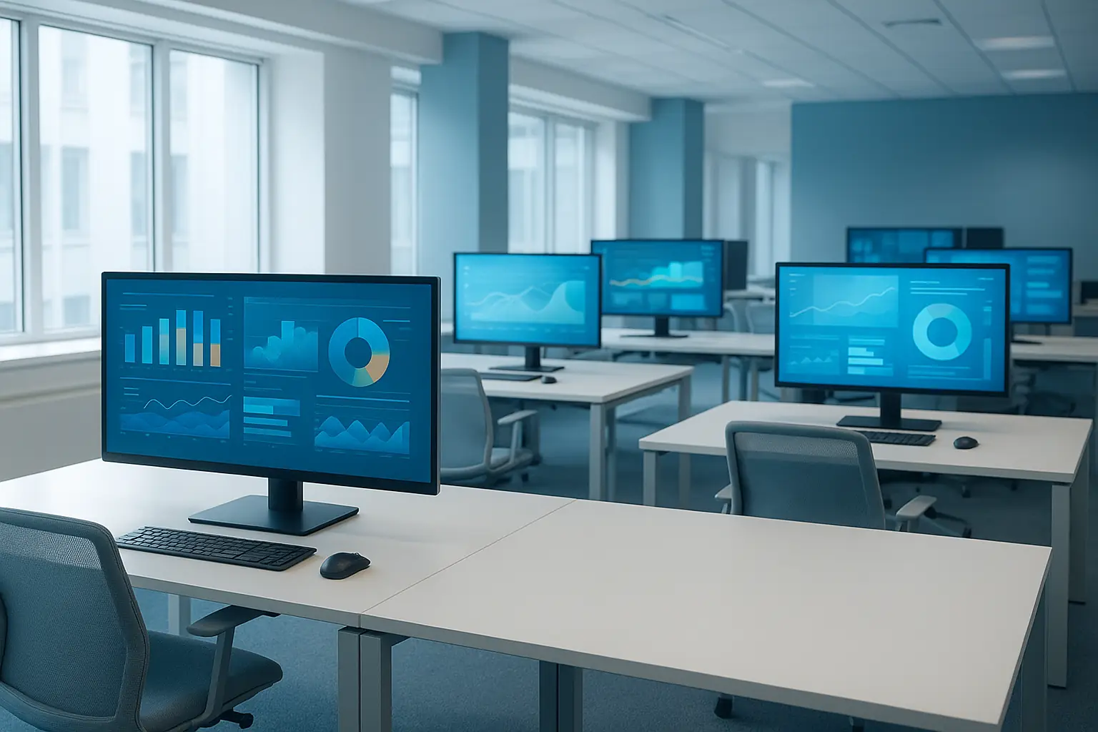 Studio redazionale con monitor durante una sessione di valutazione